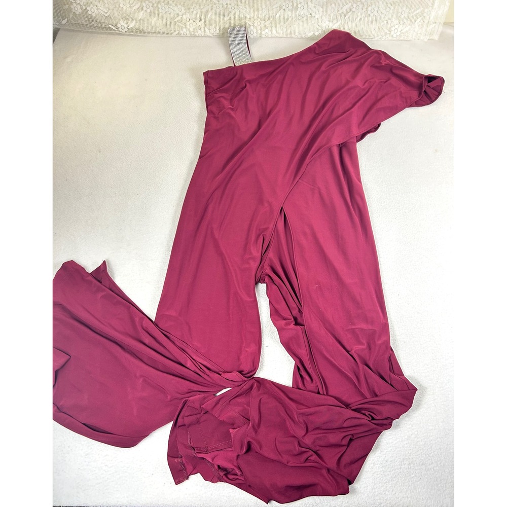 R&M Richards Jumpsuit Women Size 10 Wine One Shoulder Rhinestone Glam